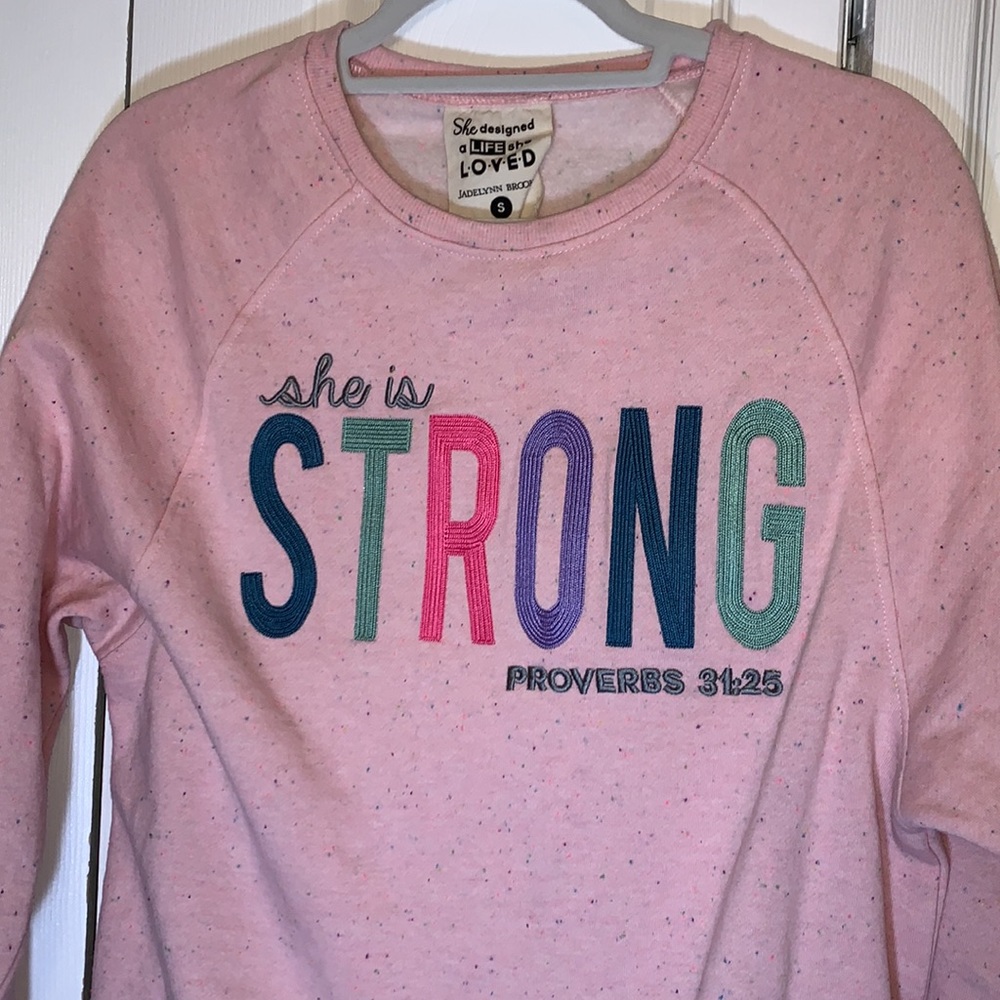 EUC Jadelynn Brooke pink embroidered sweatshirt she is strong proverbs 31:25